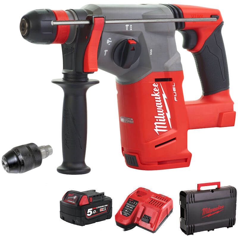 Milwaukee M18 Brushless 4-Mode SDS+ Hammer Drill with Fixtec Chuck, 26mm Drilling Capacity, Supplied with 5.0Ah Battery, Fast Charger & Dynacase.