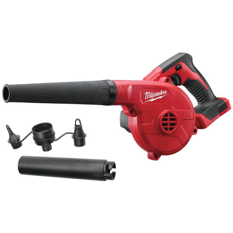 Milwaukee M18 Compact Blower Body Only, powerful battery-operated blower with removable nozzle, nozzle extension, variable speed control, and inflator/deflator attachment for cleaning tight spaces.