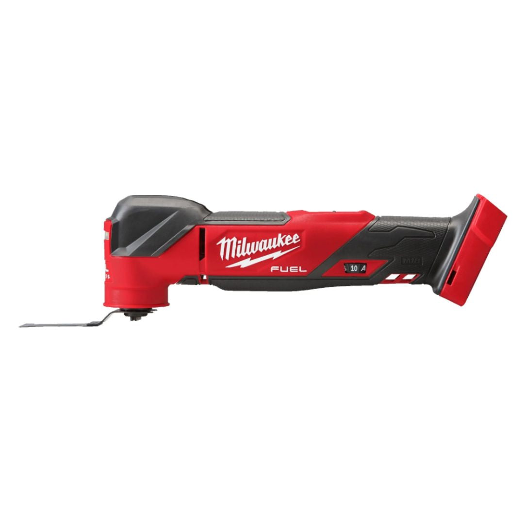 Milwaukee M18 FUEL™ Multi-Tool showing tool with brushless motor, blade attachment, and LED light