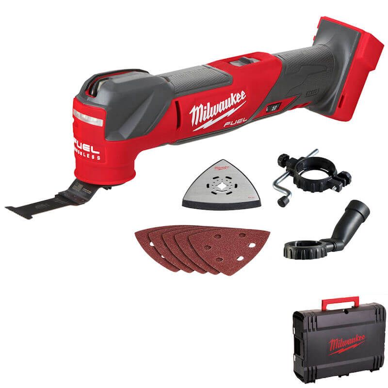 Milwaukee M18 FUEL™ Multi-Tool showing tool with brushless motor, blade attachment, and LED light
