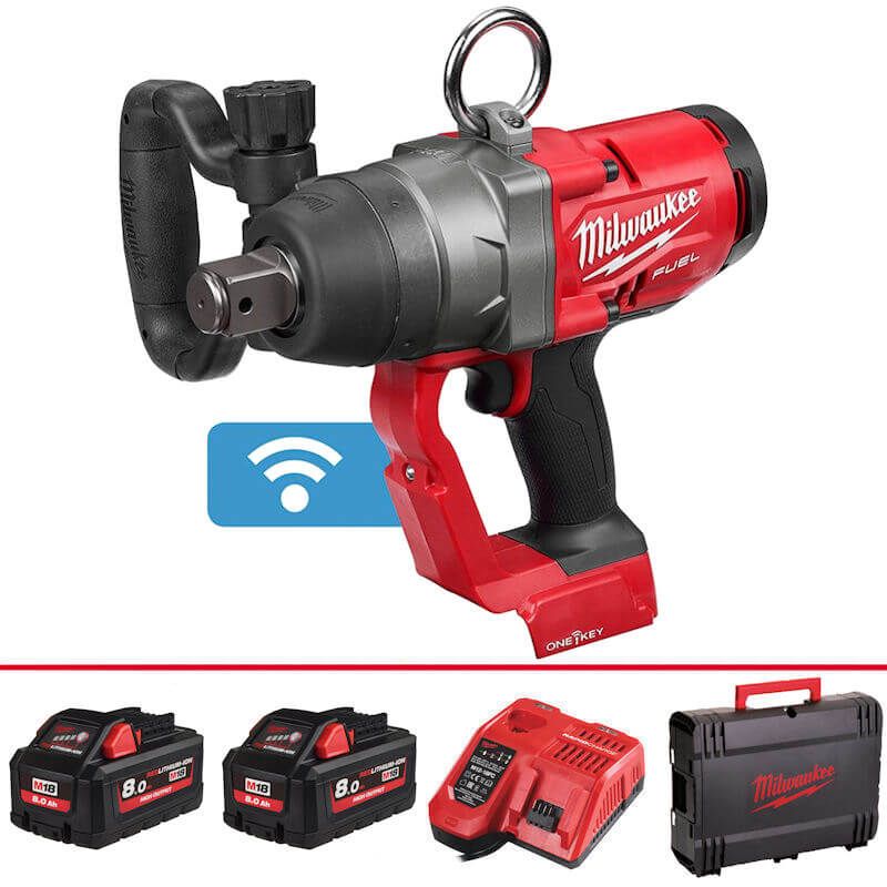 Milwaukee M18 FUEL 1-inch T-Handle Impact Wrench with 2033 Nm fastening torque, supplied with 2x 8.0Ah batteries, fast charger, and durable carry box.