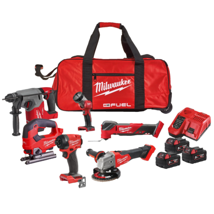 Milwaukee power tool set including impact driver, multi tool, jigsaw, LED torch, angle grinder, SDS drill, 5.0 Ah batteries, fast charger, and tool bag.