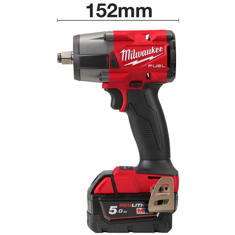 Side shot of the Milwaukee M18 FUEL Cordless 4-Mode ½″ Impact Wrench, showcasing its 152mm compact design, 881 Nm nut-busting torque, and compatibility with 2x 5.0Ah batteries, a fast charger, and a Dynacase.