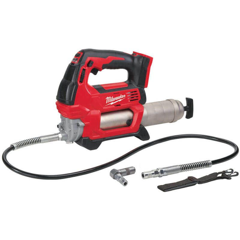 Milwaukee M18 Grease Gun with 18V motor, REDLINK™ overload protection, LED fuel gauge, and ergonomic handle; designed for heavy-duty lubrication with up to 690 bar pressure, 7 cartridge capacity, and three loading methods (bulk, cartridge, suction).