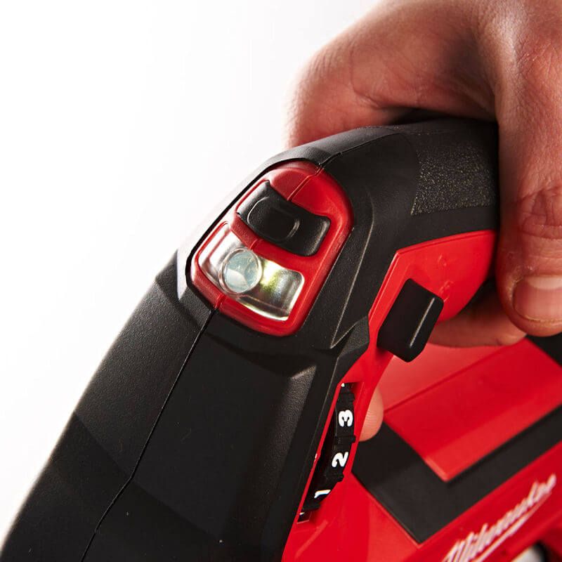 Close-up of LED fuel gauge on Milwaukee M18 grease gun