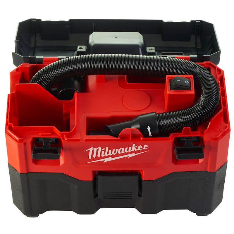 MILWAUKEE® M18 Wet/Dry Vacuum – High-powered 18V motor, HEPA filtration, and versatile suction for jobsite cleanup with onboard accessory storage.