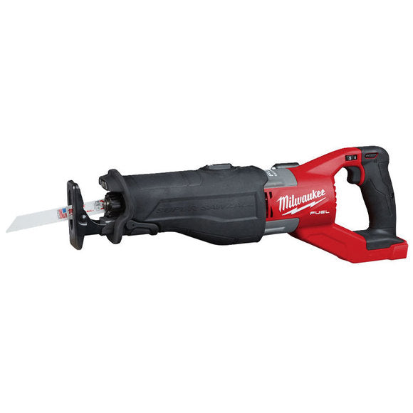 MILWAUKEE® M18 FUEL™ Super SAWZALL™ cordless saw with 5 speed settings, FIXTEC™ blade clamp, LED light, and durable metal hook.