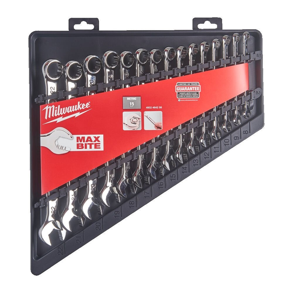 Max Bite 15-Piece Combination Spanner Set – Chrome Alloy Steel Wrenches with MaxBite Grip and 15° Offset Box End